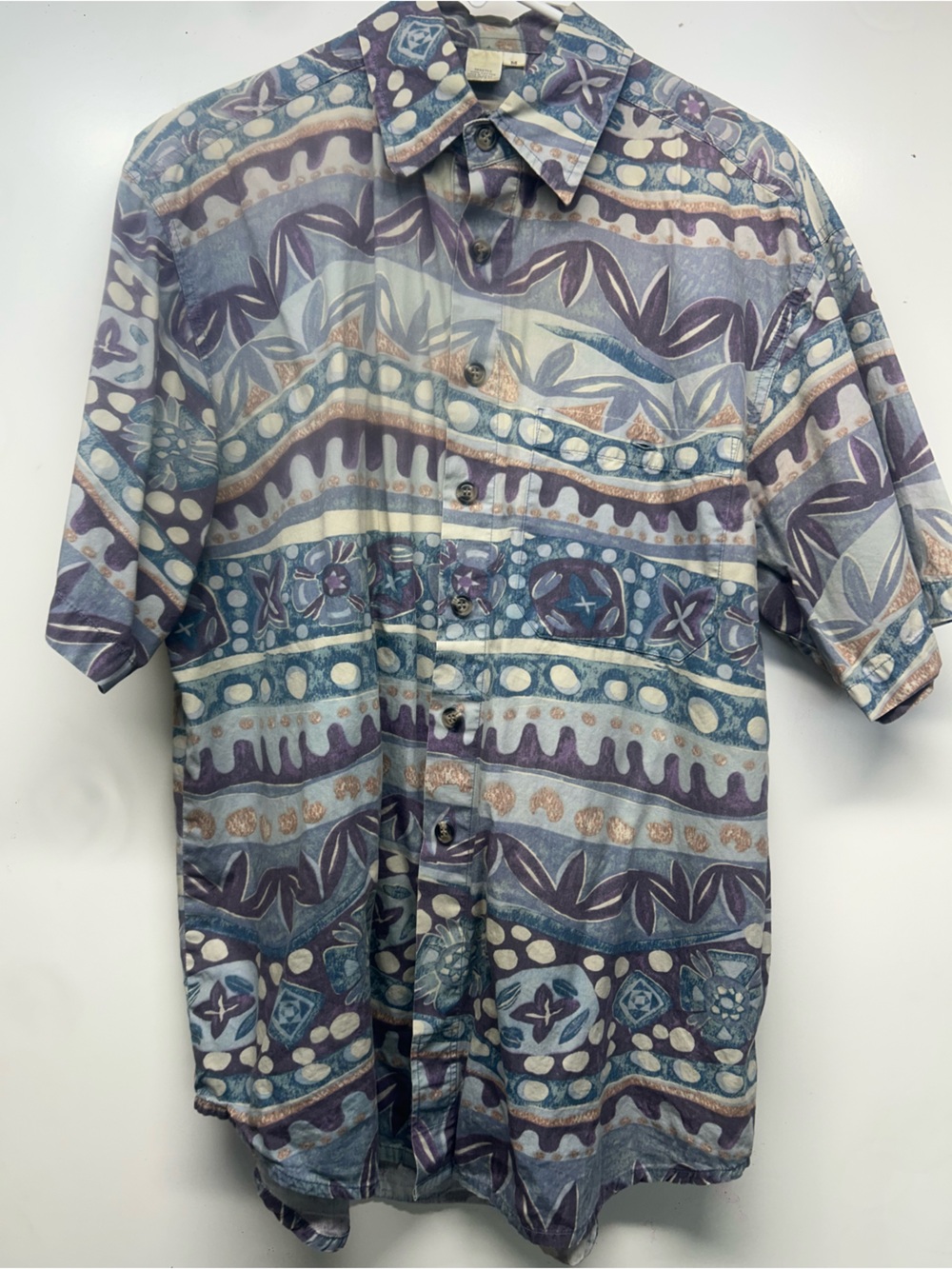 Patterned Button-Up Shirt in Teal, Lavender & Cream